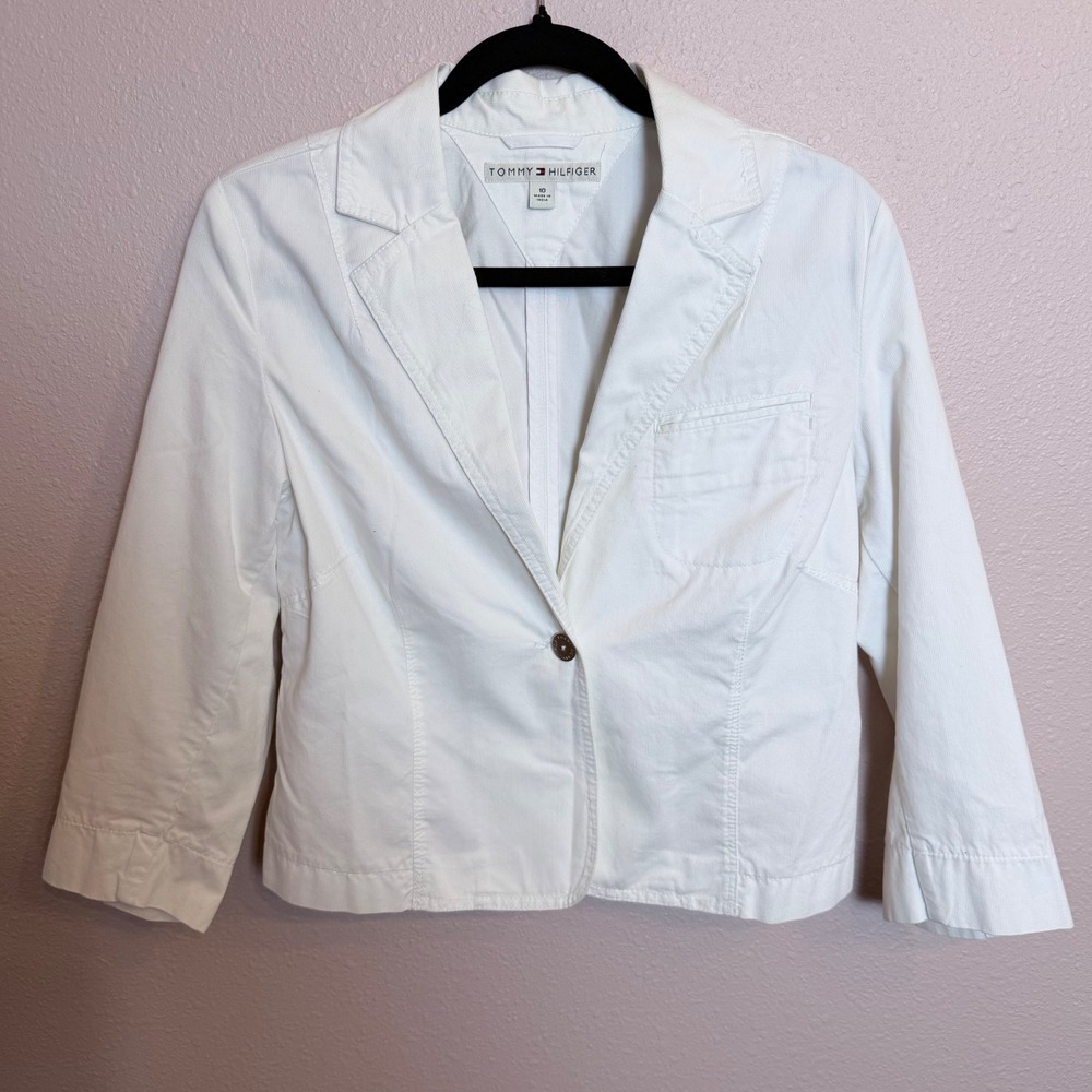 Tommy Hilfiger Women's White Cotton Blazer Single Button Cinch Back Jacket 10